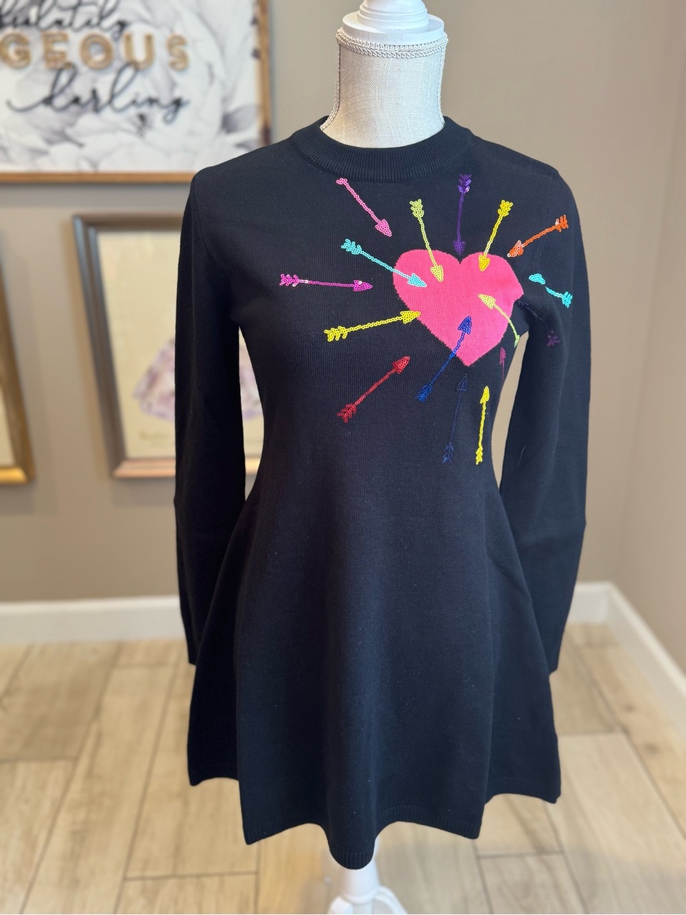 NEW! QUEEN OF SPARKLES Black Knit Heart & Arrow Sequin Mini Dress